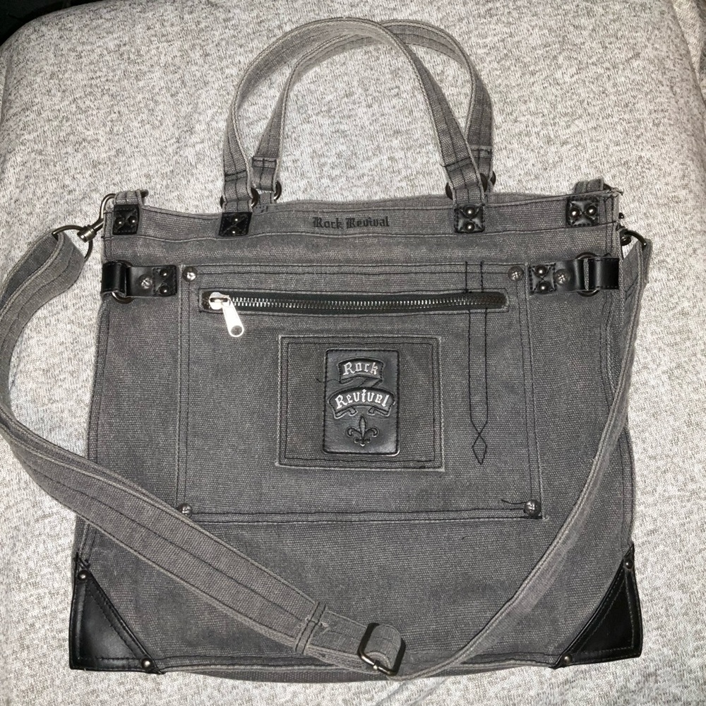 Rock Revival Grey Denim Canvas Messenger Tote Bag Crossbody 90’s Y2K Grunge